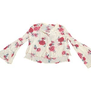 Love Fire Womens Floral Bell Sleeve Button Down Blouse Cream Red Small